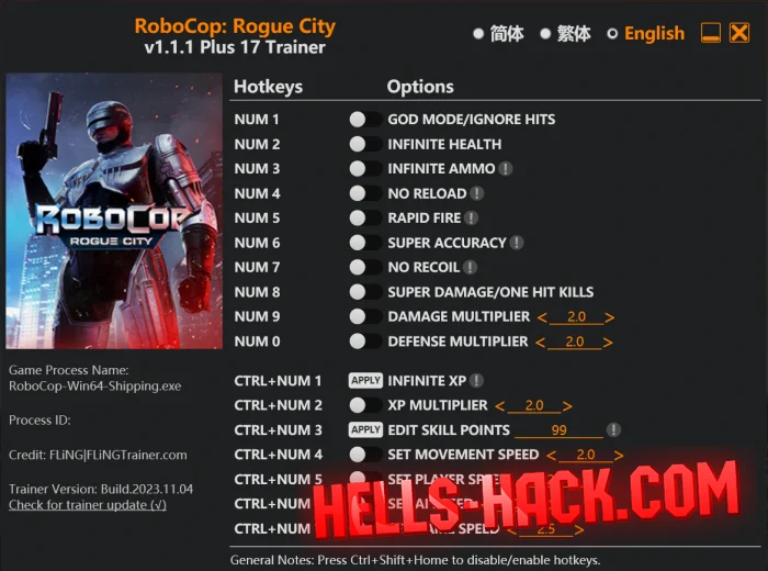 Трейнер для RoboCop: Rogue City 2023 Infinite Health, One Hit Kills, Speedhack