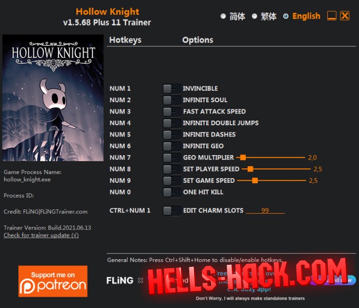Трейнер на Hollow Knight Cheat Бессмертие, Быстрая атака 2021