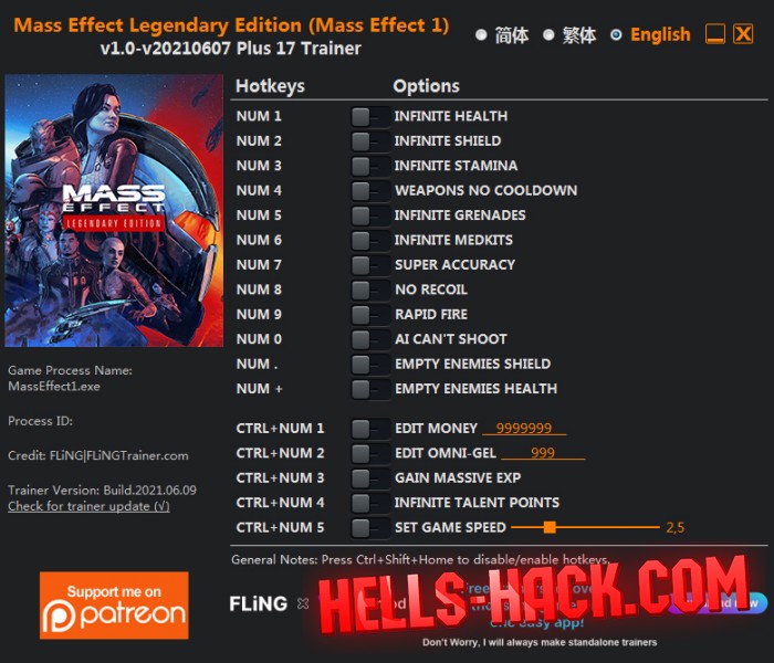 Трейнер на Mass Effect Legendary Edition Cheat Бессмертие, SpeedHack 2021