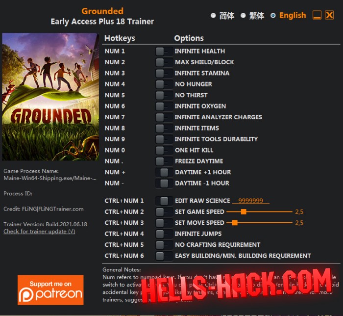 Читы на Grounded Cheat Бессмертие, Нет голода, Спидхак