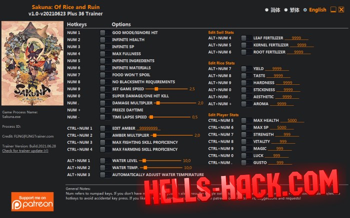 Трейнер для Sakuna: Of Rice and Ruin Cheat Бессмертие, Infinite Materials 2021